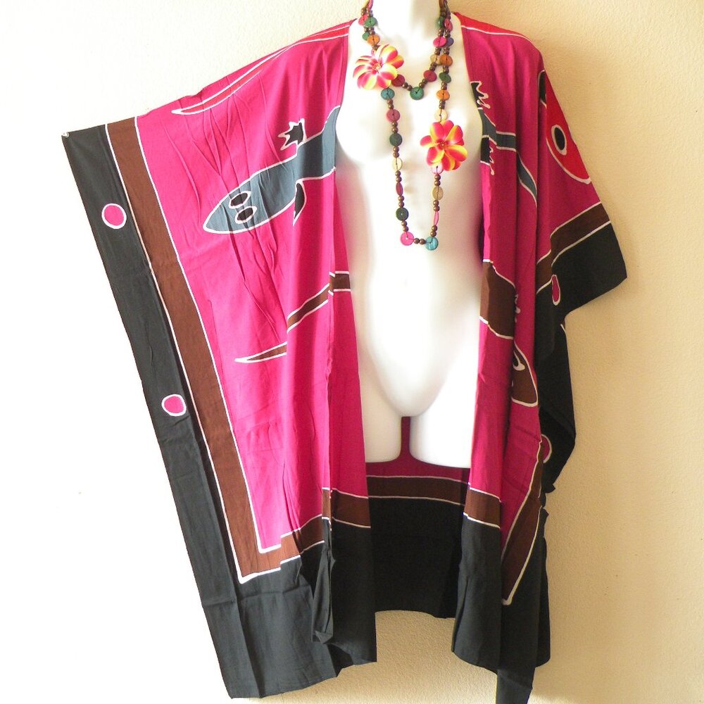 CM45 Gecko Batik Plus 38" Open Hand Painted Cover Up Midi Cardigan fit up to 5X